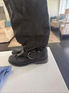 Black Leather Knee-High Buckle Riding Boots